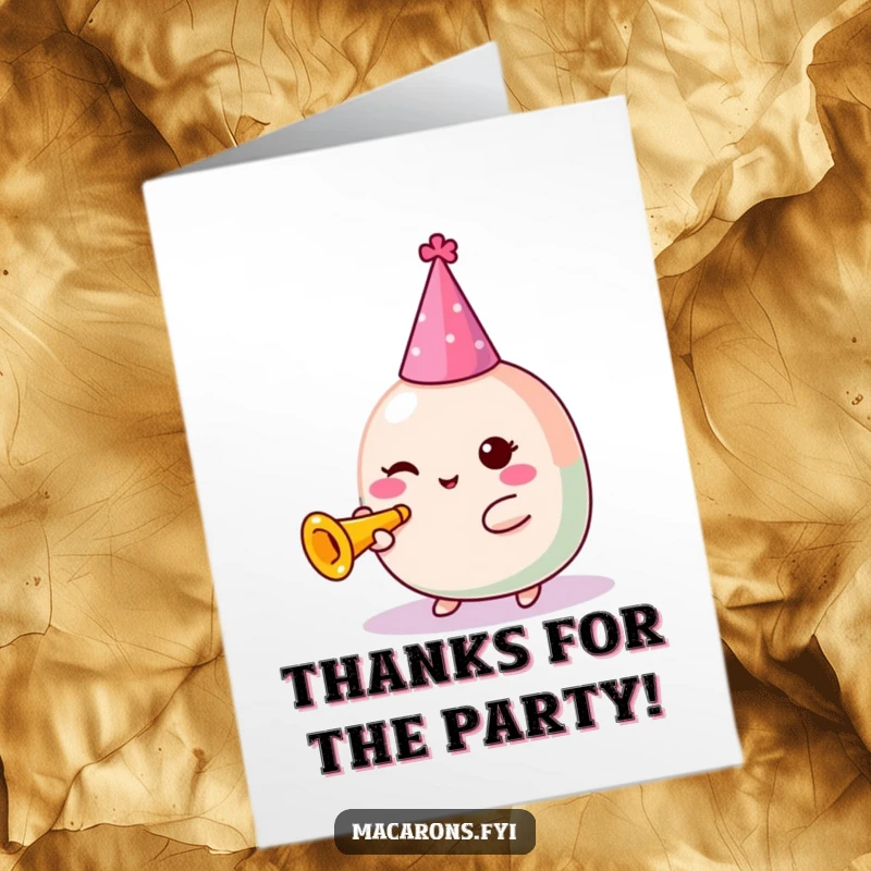 Funny Free Printable Thank You Card featuring a kawaii macaron character in a party hat, blowing a tiny trumpet with glee.