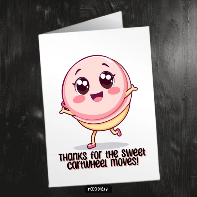 Funny Free Printable Thank You Card with a kawaii macaron character doing a cartwheel, expressing joyful gratitude.