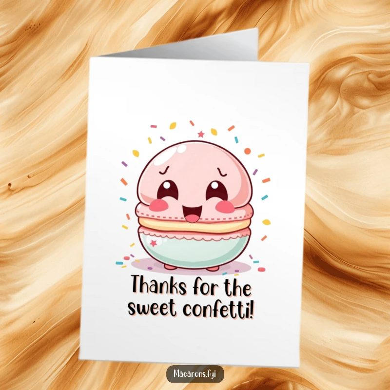 Funny Free Printable Thank You Card: Macaron character laughing amidst colorful confetti, expressing heartfelt thanks.