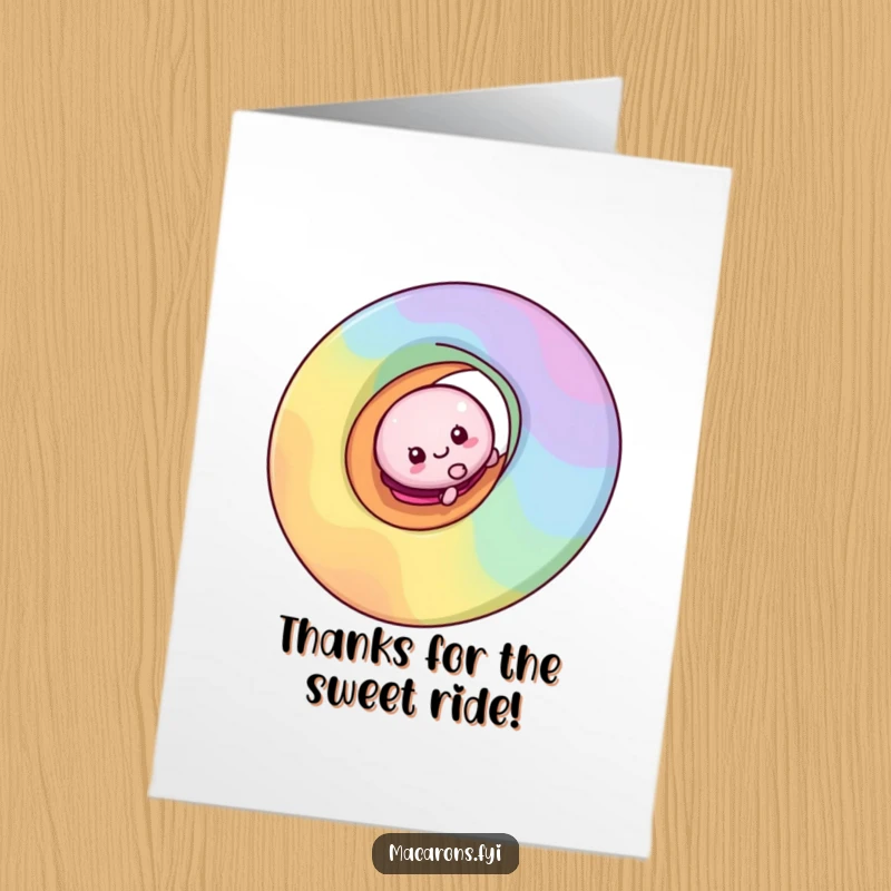 Funny Free Printable Thank You Card: Cheerful macaron character sliding down a rainbow, expressing thanks with flair.