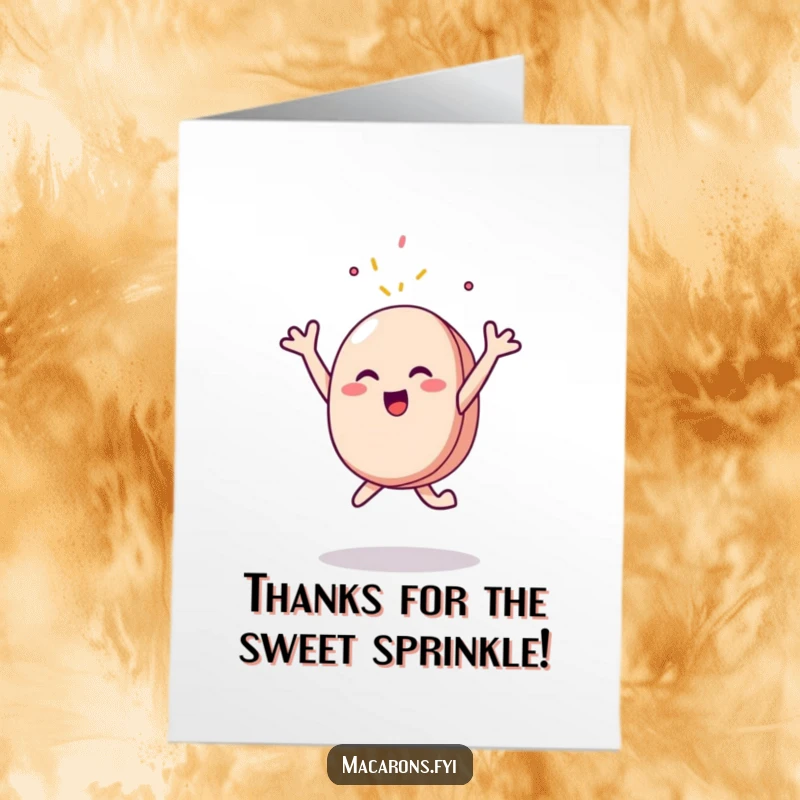 Funny Free Printable Thank You Card: Excited macaron character jumping for joy, eyes focused on falling sweet sprinkles.