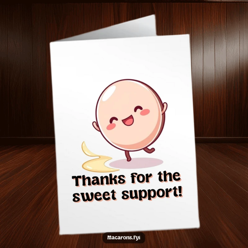 Funny Free Printable Thank You Card: Joyful macaron doing a cartwheel, leaving a cream swirl as a thank you. A downloadable gesture.