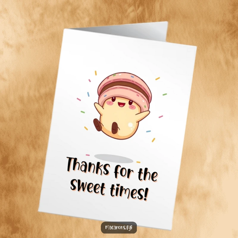 Funny Free Printable Thank You Card: A delighted macaron character cartwheeling playfully with a sprinkle explosion.