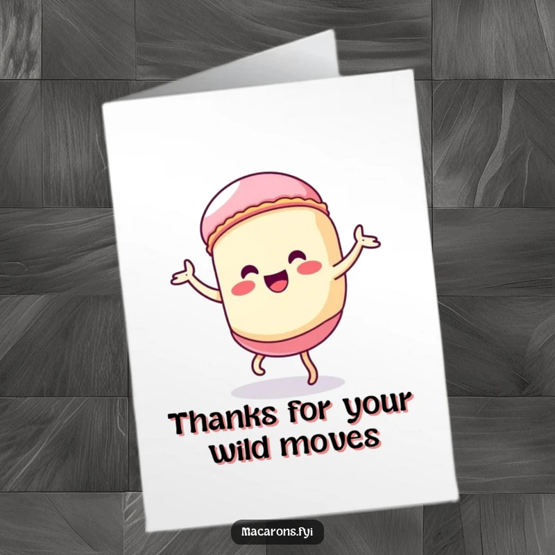 Funny Free Printable Kawaii Macaron Thank You Card: Macaron character does a silly, exaggerated dance, a fun downloadable art for expressing thanks.