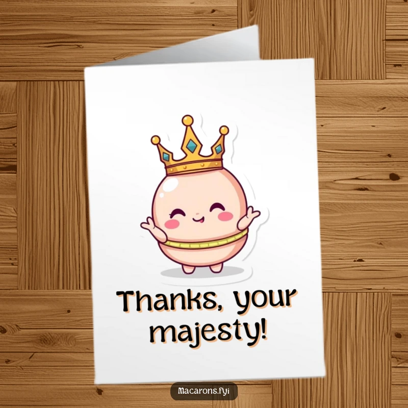 Funny Free Printable Thank You Card: Adorable macaron character wearing a crown, striking a funny, regal thank you pose.