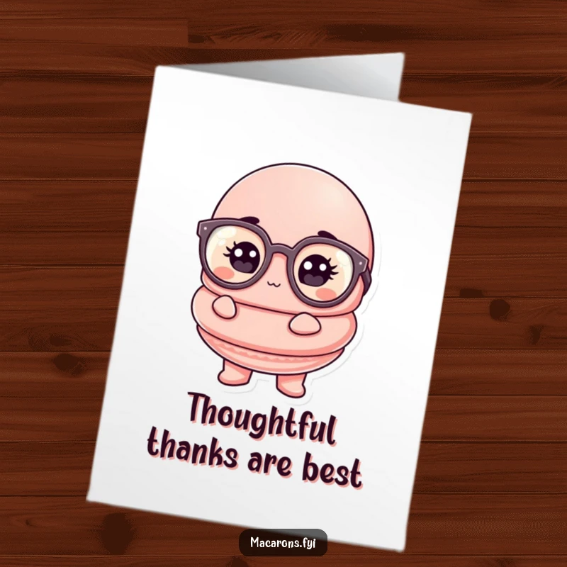 Funny Free Printable Thank You Card: Macaron character with large glasses appearing comically thoughtful, a humorous way to express thanks.