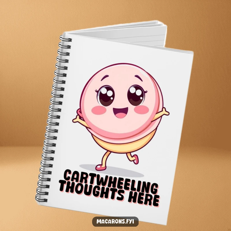 Funny Macaron Notebook: Adorable Kawaii macaron character with big eyes doing a joyful cartwheel, perfect for notes and doodles.
