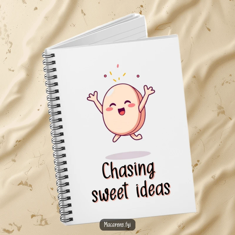 Funny Notebook: A macaron character is shown leaping joyfully, arms outstretched, reaching for a single falling sprinkle, perfect for notes.