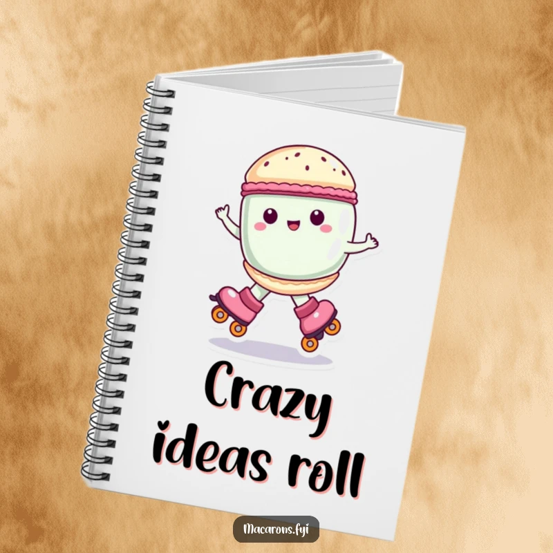 Funny macaron character on roller skates, spinning joyfully, lined notebook, awesome funny gift.