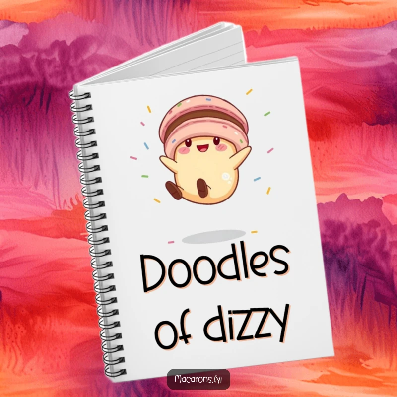 Funny macaron character executing a lively cartwheel with scattered sprinkles, making it a fun and inspiring notebook cover.