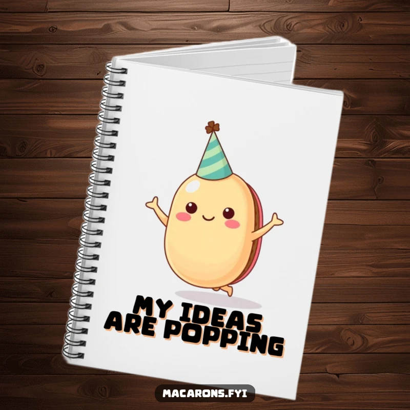 Funny macaron character wearing a party hat, energetically jumping, adorning a notebook for capturing funny thoughts and creative ideas.