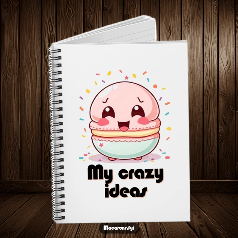 Funny macaron character with laughing eyes showered by confetti on the cover of a festive notebook.