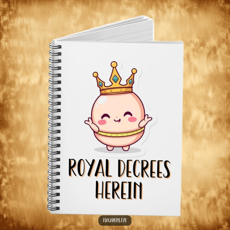 Funny macaron character with a tiny crown, striking a silly royal pose on the cover of a lined notebook for regal note-taking.
