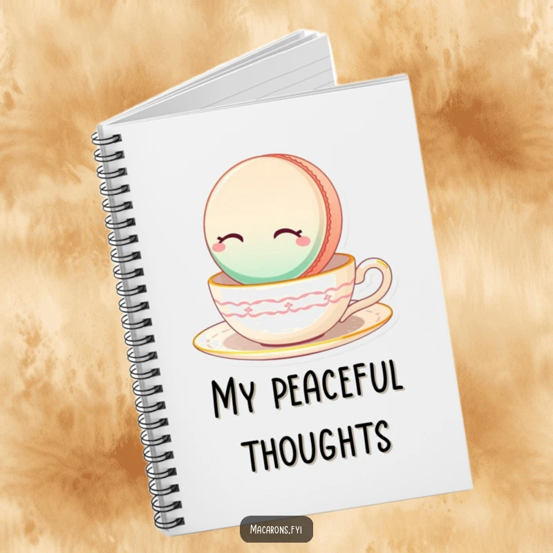 Funny Macaron Notebook featuring a serene macaron floating peacefully on a teacup.