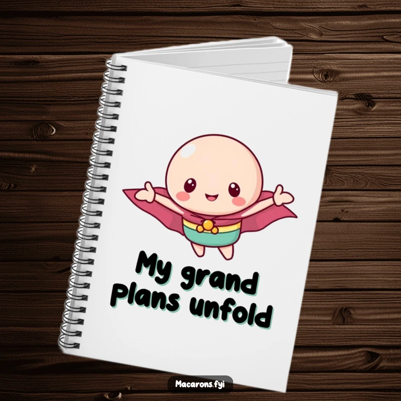 Funny macaron hero notebook displaying a brave macaron in a cape flying, ready to inspire sweet thoughts and heroic plans.