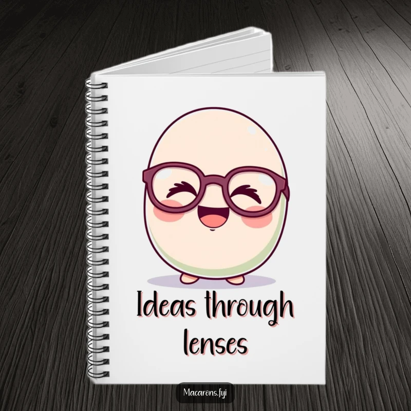 Funny macaron character giggling uncontrollably behind oversized, silly glasses on the cover of a lined notebook for hilarious note-taking.