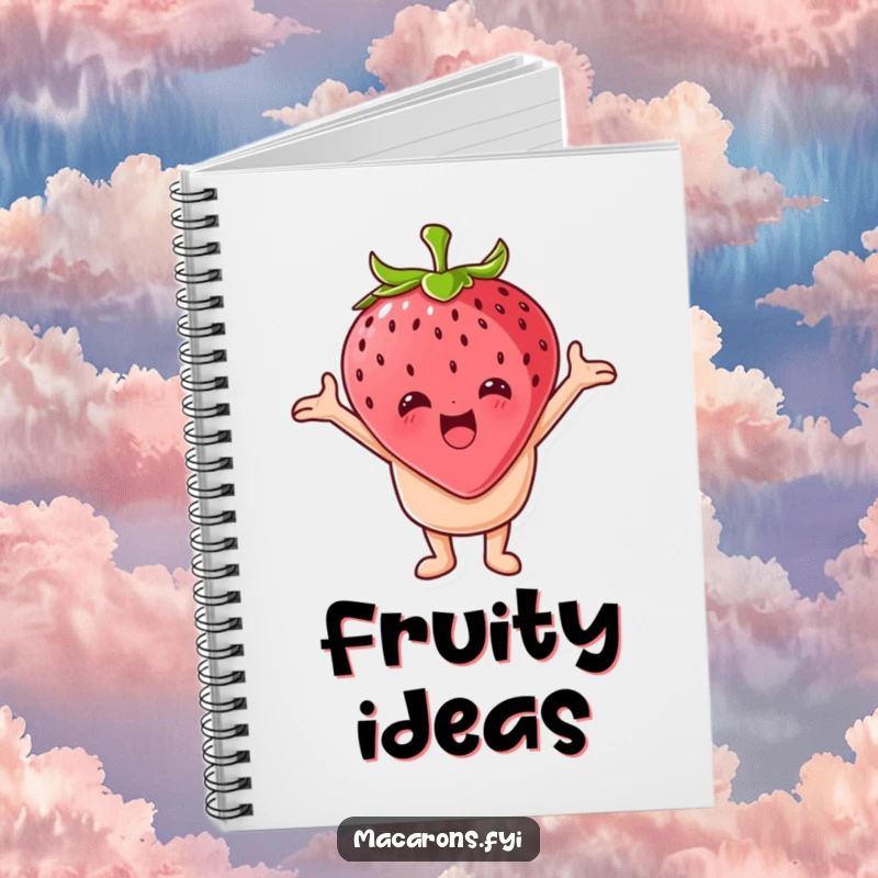 Funny macaron character hugging a giant strawberry on a notebook cover, encouraging sweet and affectionate note-taking.