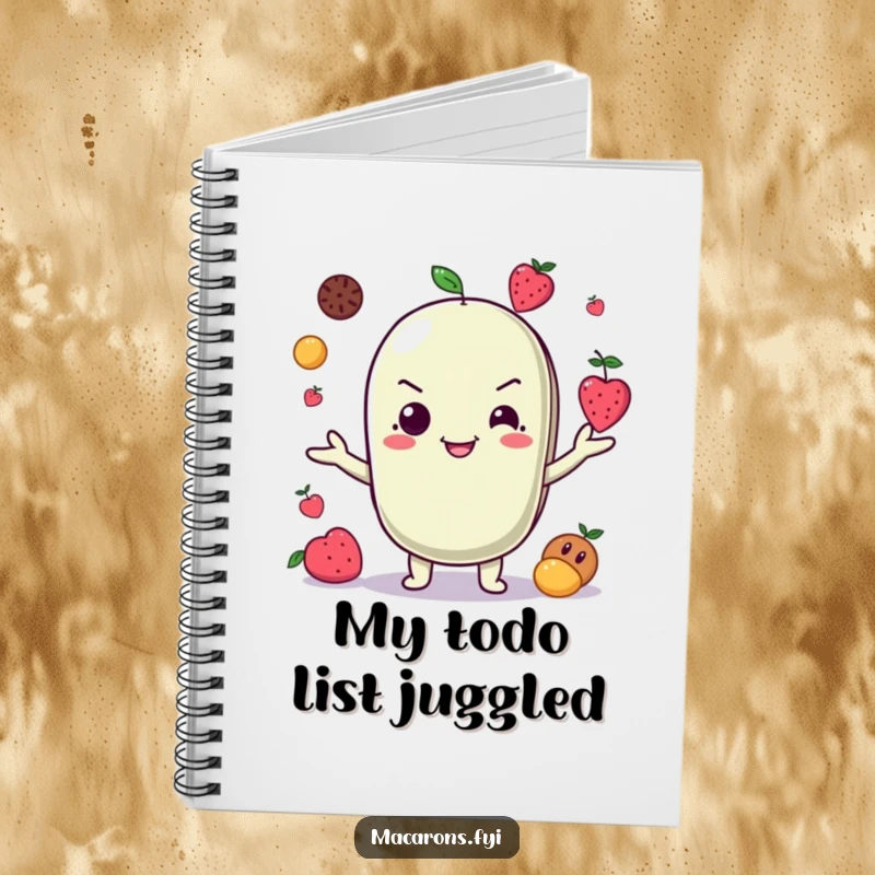 Funny Notebook: A grinning macaron character juggles small fruits, perfect for jotting down ideas and playful thoughts.