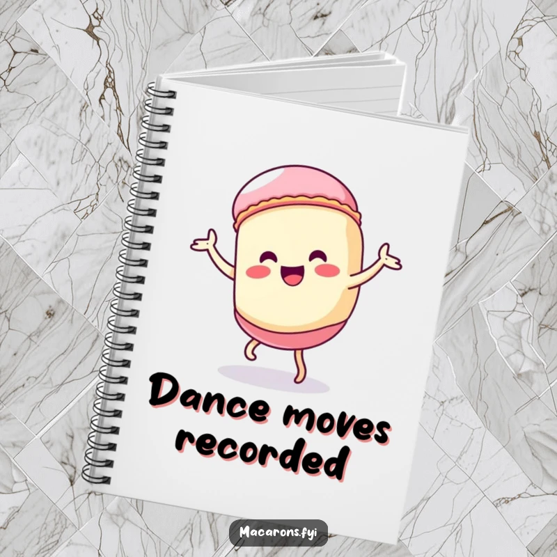 Funny Kawaii macaron character doing a silly, exaggerated dance, inspiring creativity in this humorous notebook.