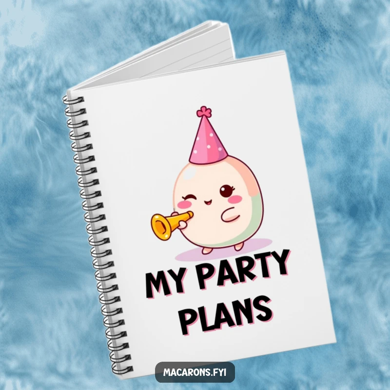 Funny Macaron Notebook: Festive Kawaii macaron character in a party hat blowing a tiny trumpet, ideal for party notes.