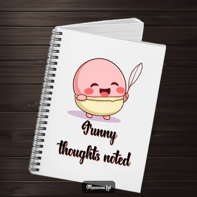 Funny Kawaii macaron character laughing heartily from a feather tickle, inspiring joy in this humorous notebook.