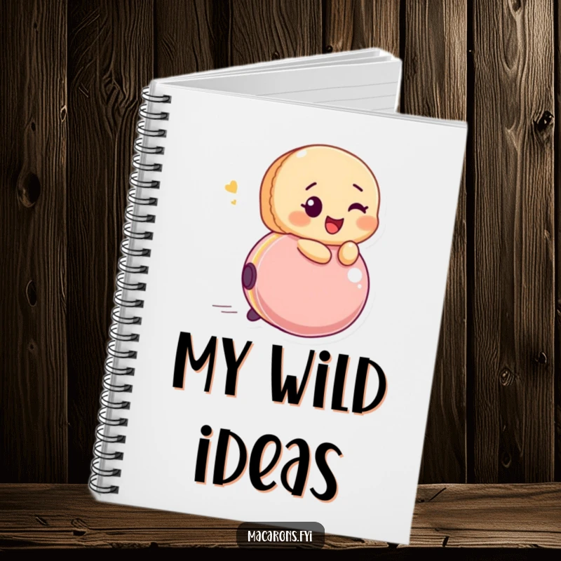 Funny macaron character winking, riding a bouncing ball with glee, ideal for jotting down notes with playful, cheerful flair.