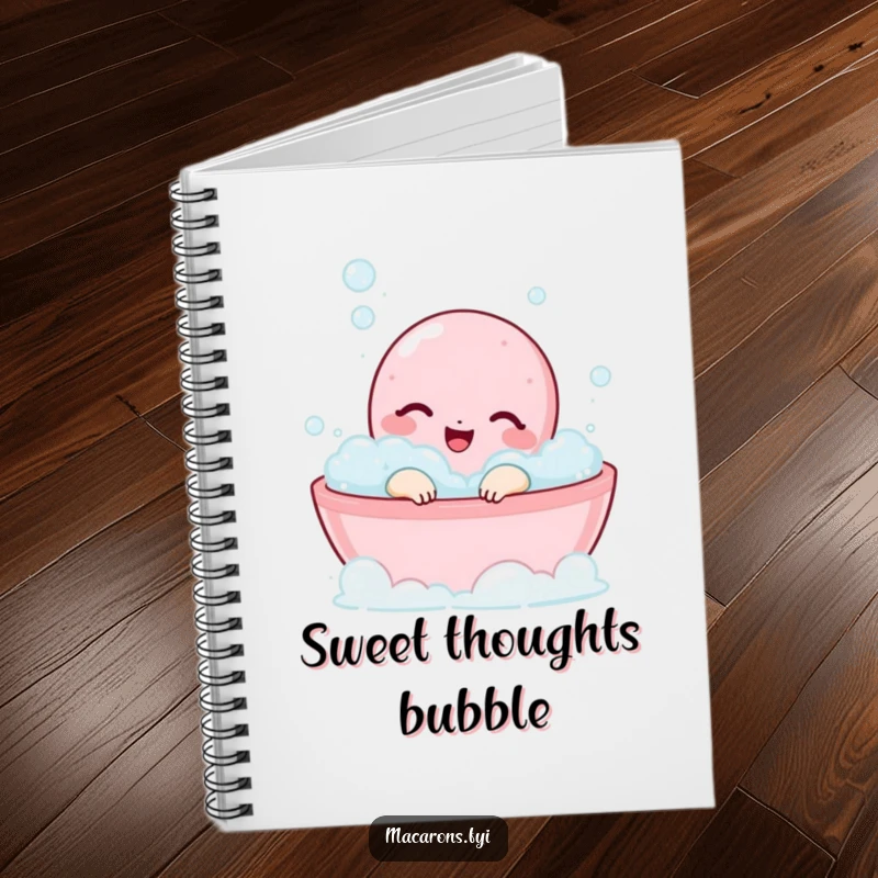 Funny macaron character relaxing in a bubble bath on the cover of a notebook.
