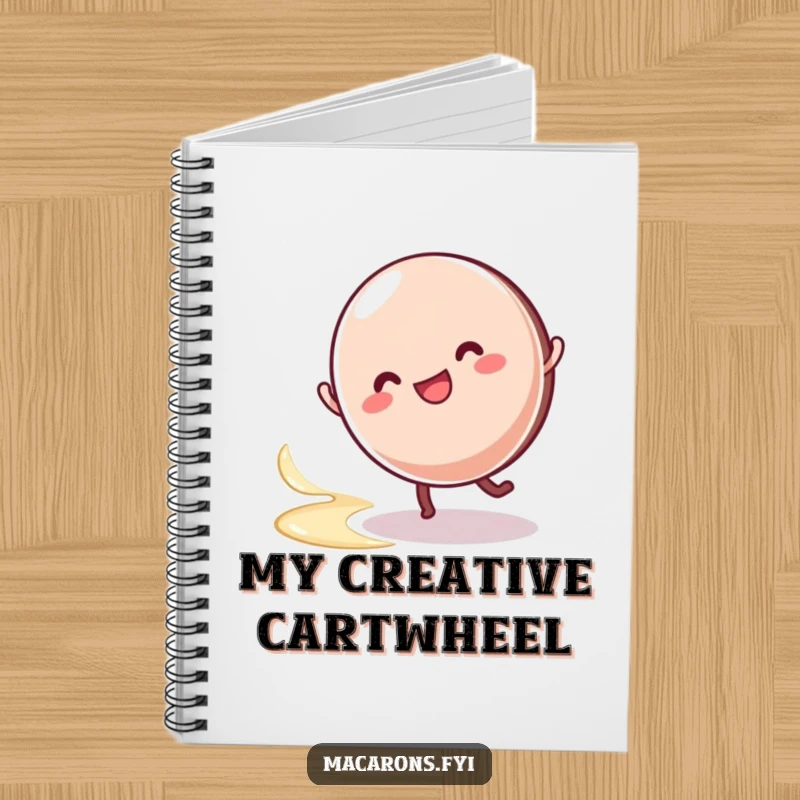 Funny macaron character doing a cartwheel, leaving a cream swirl, ideal for jotting down notes with playful, creamy flair.