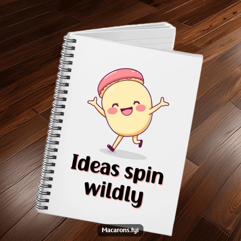 Funny macaron character doing a cartwheel with a big smile on the cover of a lined notebook, symbolizing active fun.