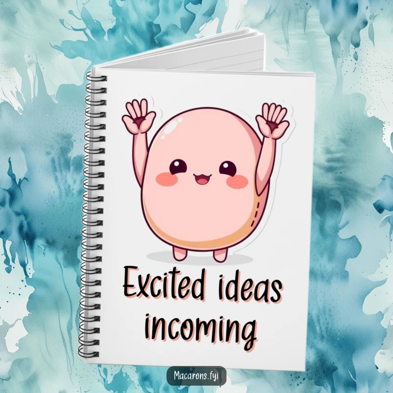 Funny macaron character joyfully cheering with tiny hands raised high, adorning a notebook for cheerful writing.