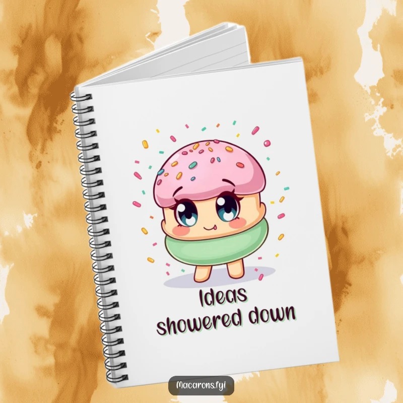 Funny macaron character with wide eyes, being showered by confetti, ideal for jotting down notes in a fun, sweet style.