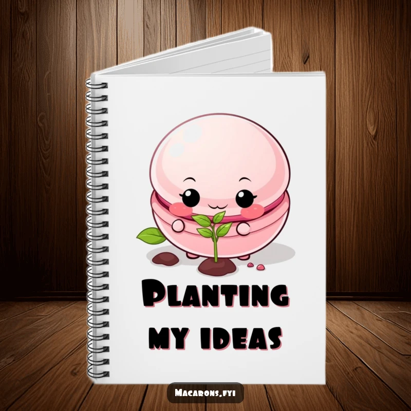 Funny macaron notebook with a mischievous macaron planting a seed, perfect for notes and doodles.