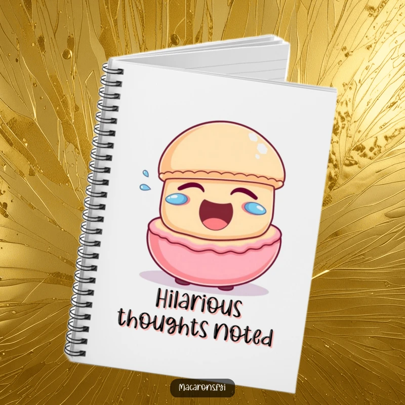 Funny macaron character laughing heartily with little joyful tears escaping, on the cover of a fun notebook.