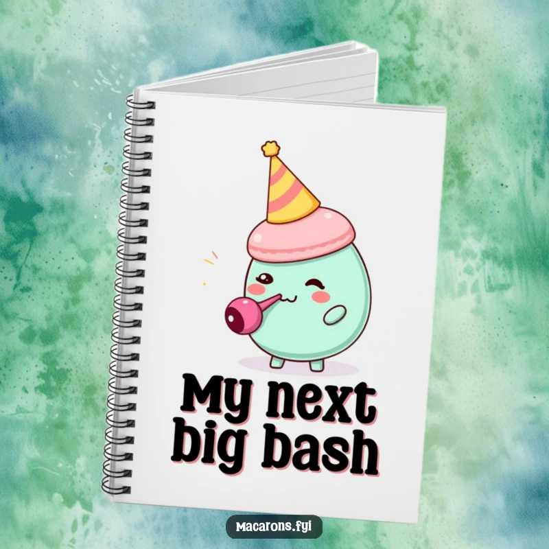 Funny macaron character in a party hat blowing a tiny party blower, on the cover of a notebook, ready for notes.