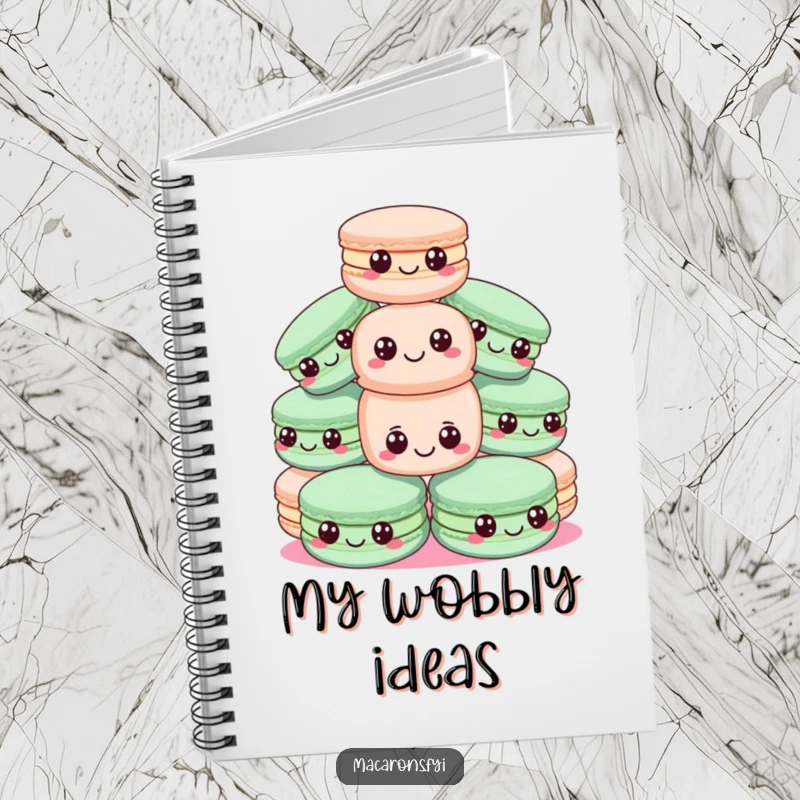 Funny macadamia nut notebook featuring a pyramid of happy macarons, one precariously balanced, ideal for capturing sweet thoughts.