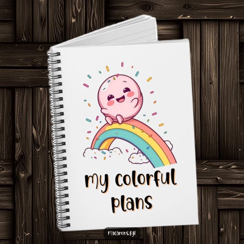 Funny macaron notebook featuring a macaron character gleefully sliding down a rainbow into a cloud of sprinkles, ready for your magic.