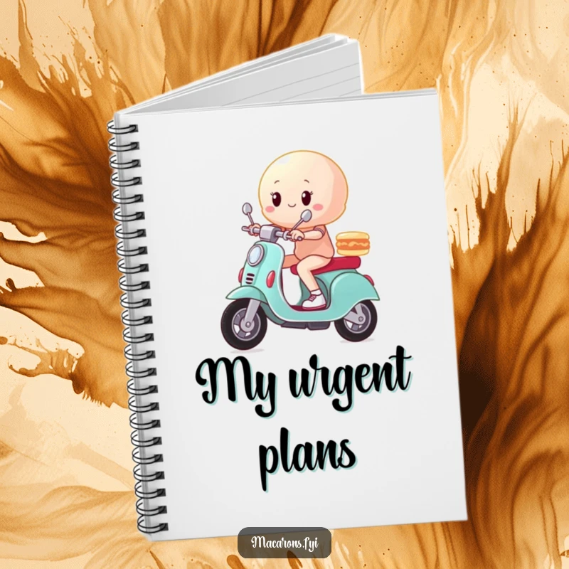 Funny macaron character zooming on a miniature scooter in a triumphant pose on the cover of a dynamic notebook.