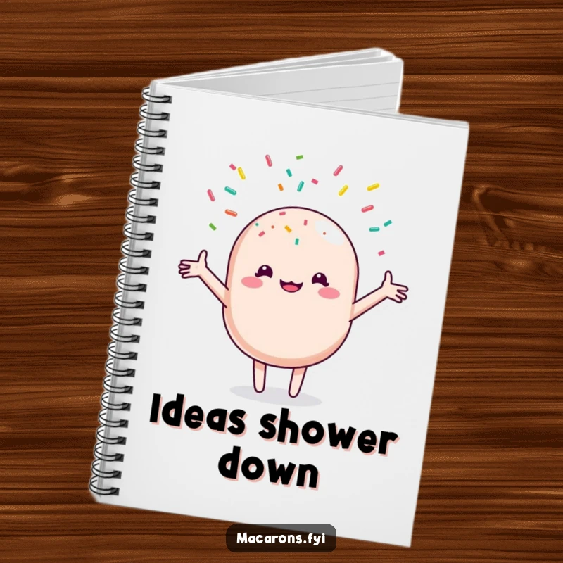 Funny macaron character with outstretched arms, receiving a shower of colorful sprinkles, featured on the cover of a notebook.