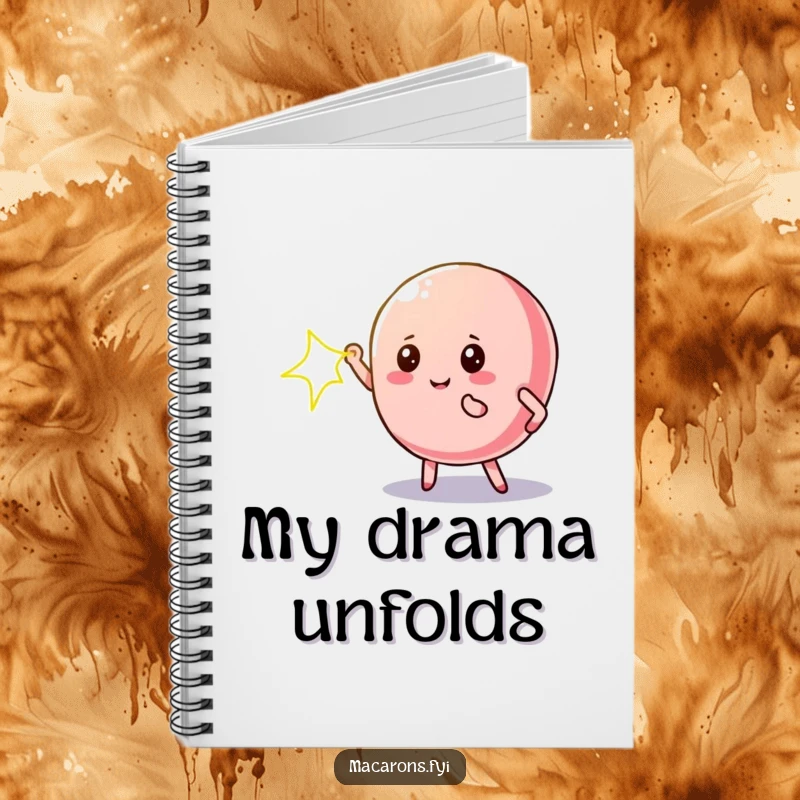 Funny macaron notebook with a dramatic macaron character under a spotlight, ideal for writing scripts.