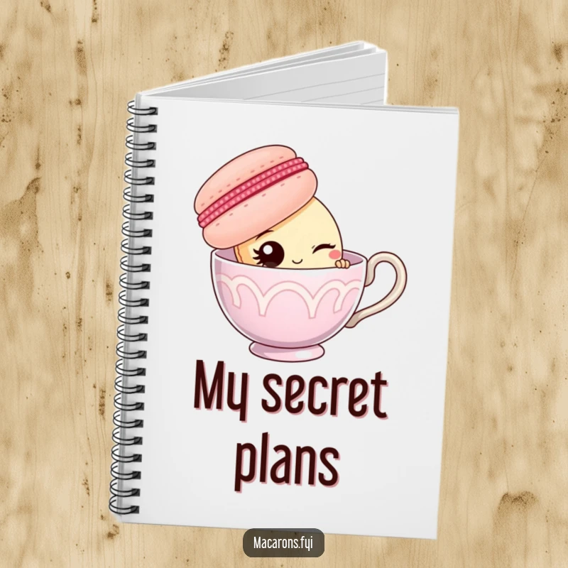 Funny macaron character peeking from behind a giant teacup, winking, on the cover of a playful notebook.