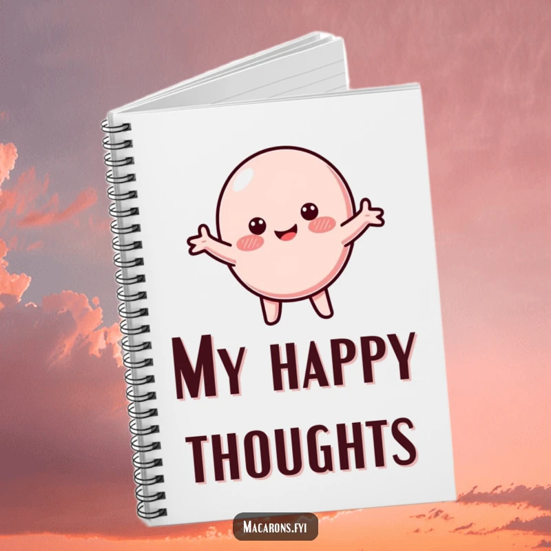 Funny macaron notebook featuring a blushing macaron character spinning happily with arms wide, ready for your ideas.