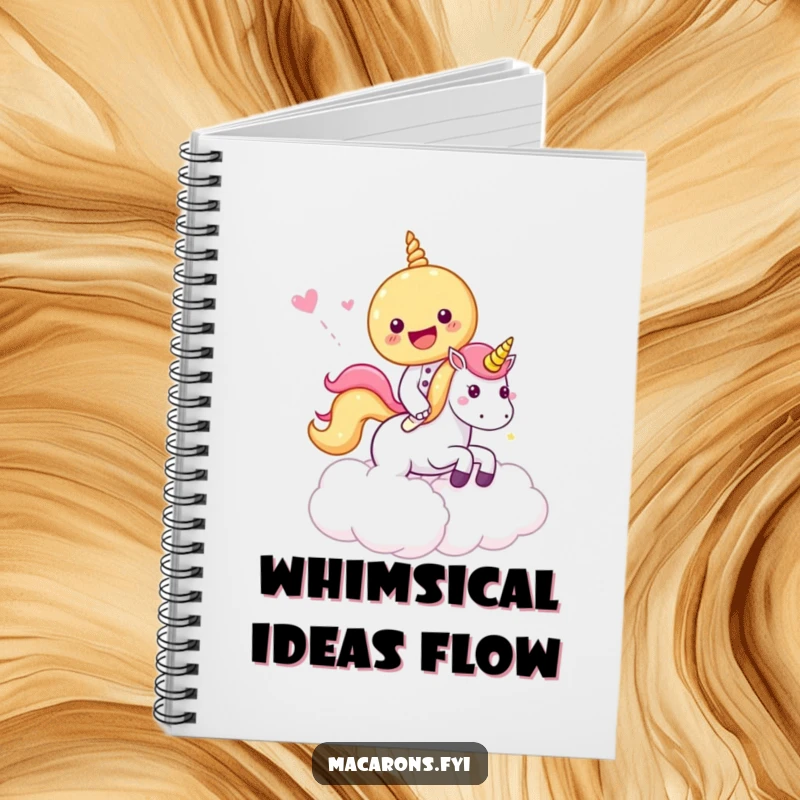 Funny Notebook with a macaron character riding a unicorn through candy clouds, ideal for writing, drawing, and capturing magical inspiration.