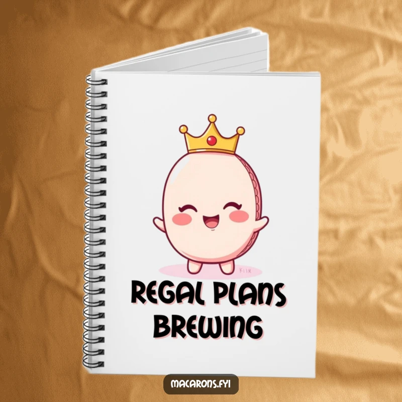 Funny giggling macaron character wearing a tiny crown, looking regal, adorning a notebook for capturing royal thoughts and creative ideas.