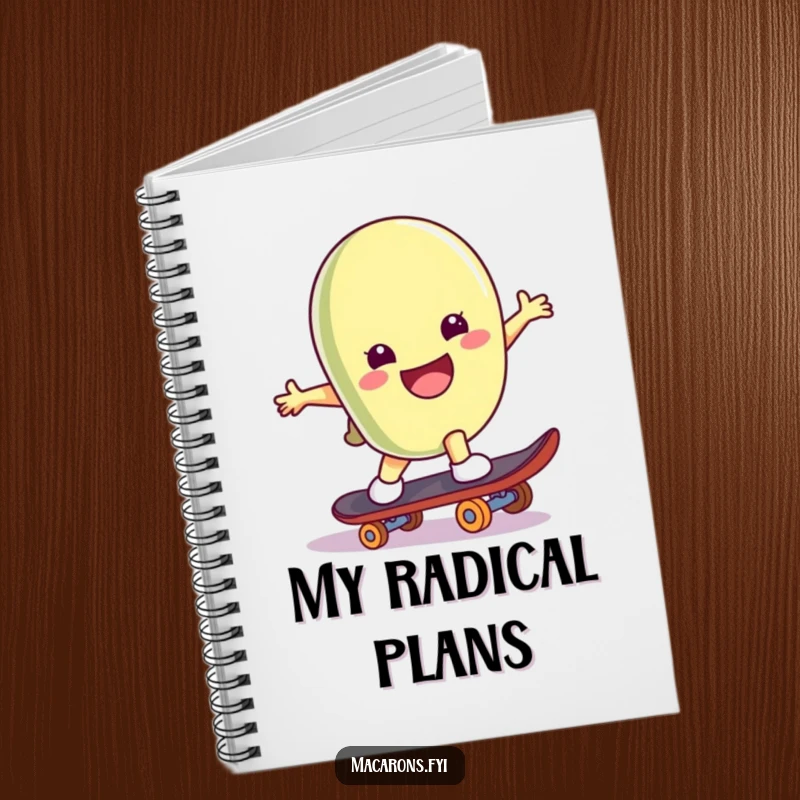 Funny macaron character on a skateboard, mid-trick, featured in a cool and humorous notebook design.