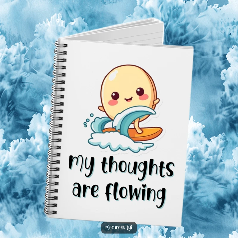 Funny happy macaron character surfing on a small wave, adorning a notebook for capturing thoughts and creative ideas.