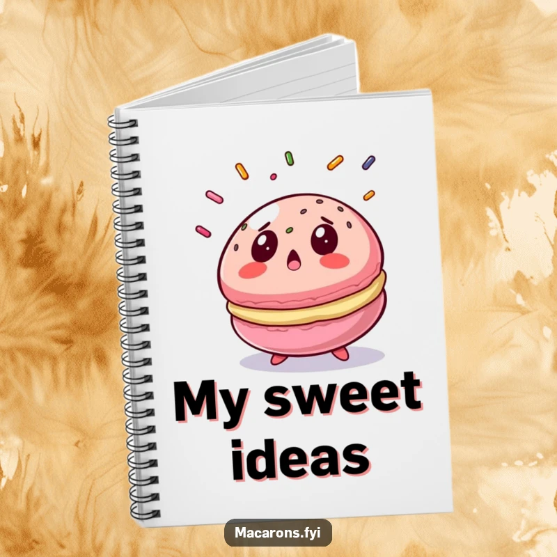 Funny macaron notebook featuring a surprised macaron with a gasp at falling sprinkles, ideal for jotting notes.