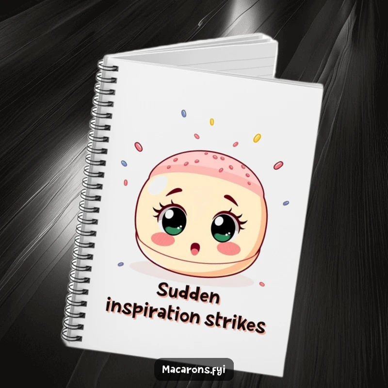 Funny notebook cover featuring a surprised macaron with wide eyes looking up as a delightful shower of tiny sprinkles falls.