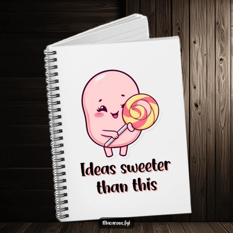 Funny Kawaii macaron character winking with a huge lollipop, inspiring creativity in this humorous notebook.