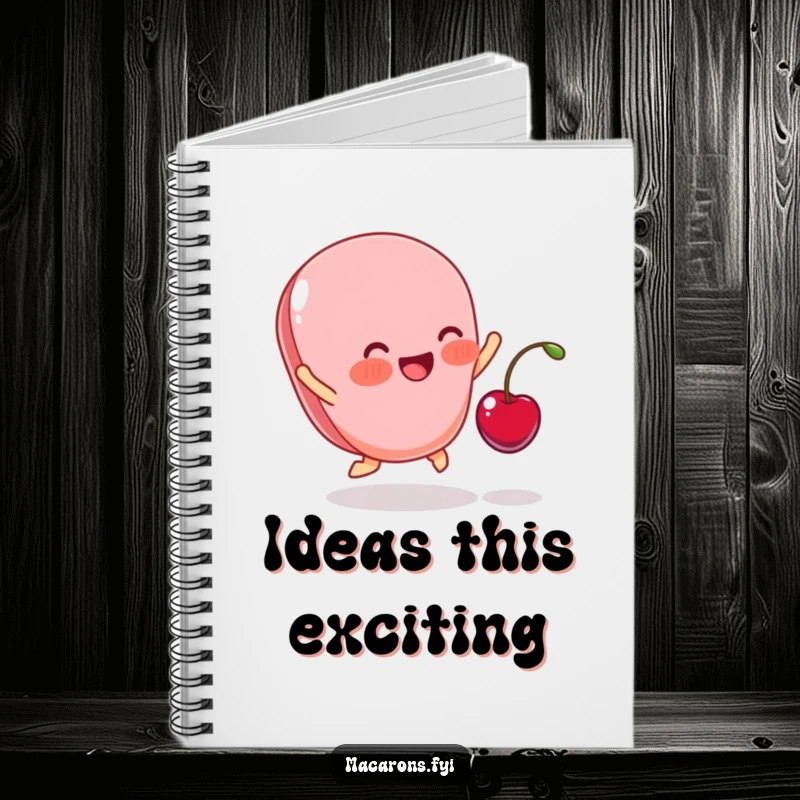 Funny notebook cover with a blushing macaron leaping ecstatically for a tiny cherry, ideal for capturing joyful thoughts.
