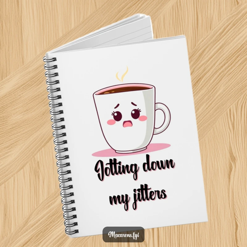 Funny Notebook: A shocked macaron character peeks from behind a giant coffee cup, perfect for jotting down notes and ideas.